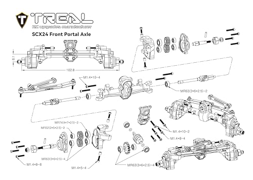 TREAL SCX24 Front Portal Axles Complete Kit Aluminum 7075 CNC Machined Axle Housin for Axial 1/24 SCX24 Deadbolt C10 Gladiator Bronco (Silver) - color: Silver