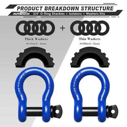 AUTMATCH 3/4" D Ring Shackles (2-Pack) - 41,887 lbs Break Strength | Clevis Shackle with 7/8" Pin & Isolator Washer Kit for Tow Strap, Winch, Towing & Off-Road Vehicle Recovery, Blue & Black - color: Blue & Black