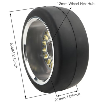 4-Pack RC 1/10 Scale On Road Slick Tires OD2.55 Rubber Wheel Rims 12mm Hex Compatible with Traxxas 4 Tec 2.0 Tamiya TT01 XV01 Kyosho WR8 Sakura WLtoys HPI Touring Racing Car (Gold)