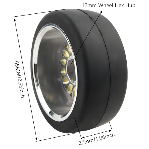 4-Pack RC 1/10 Scale On Road Slick Tires OD2.55 Rubber Wheel Rims 12mm Hex Compatible with Traxxas 4 Tec 2.0 Tamiya TT01 XV01 Kyosho WR8 Sakura WLtoys HPI Touring Racing Car (Gold)