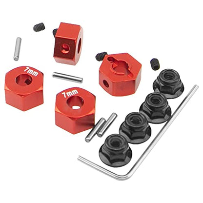 Metal 12mm Hex Wheel Hubs 7mm Thick Drive Adapters with Flanged Lock Nuts Compatible with Traxxas 1/10 4WD Rustler Slash Stampede RC Car，Replace Part 1654 (Red) - color: Red