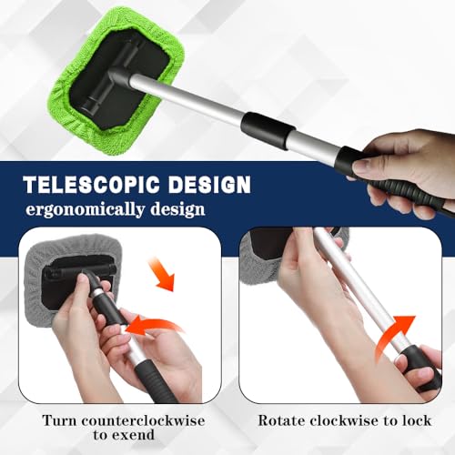 Windshield Cleaning Tool, Car Window Cleaner, Vehicle Window Cleaner with Extendable Handle & 2 Washable Microfiber Pads, Car Interior Glass Wiper Cleaning Kit for Most Vehicles (Green) - color: Green