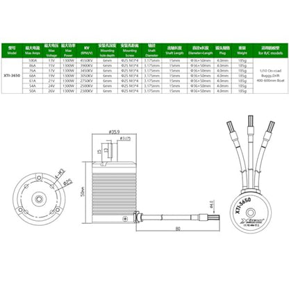 3650 3900KV Brushless Motor Shaft Diameter 3.175MM Connector 4MM for 1/10 Scale On-Road Buggy Drift Racing RC Car