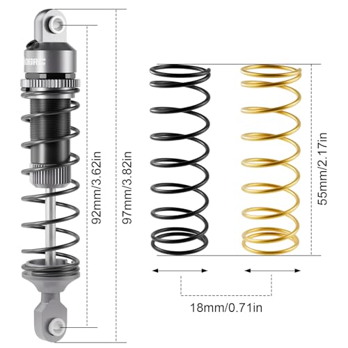 OGRC 92mm RC Shock Absorber for 1/16 Traxxas Mini Maxx XRT 1/10 TRX4 SCX10 | Aluminum, with Progressive Springs, Top-cap Bleeder Hole, Oil Shocks, Grey - color: Grey