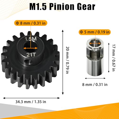 M1.5 21T Pinion Gear 8mm Bore with 8mm to 5mm Shaft Adapter Sleeve, Chromium Steel Motor Gear with Set Screw & Hex Key for Traxxas ARRMA Losi 1/5 1/8 RC Cars - size: 21T