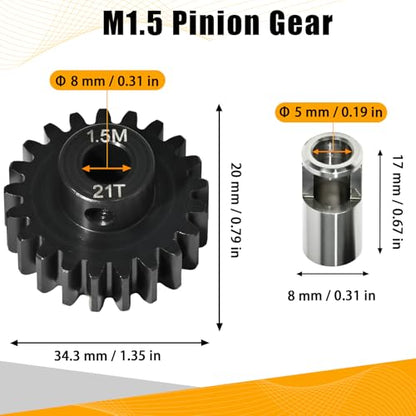 M1.5 21T Pinion Gear 8mm Bore with 8mm to 5mm Shaft Adapter Sleeve, Chromium Steel Motor Gear with Set Screw & Hex Key for Traxxas ARRMA Losi 1/5 1/8 RC Cars - size: 21T