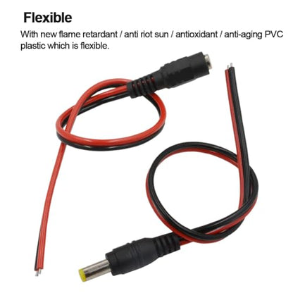 (Real 18AWG) 10 Pair 12V 5A DC Pigtail Barrel Plug Connector Cable | 2.1mm x 5.5mm, Male & Female DC Power Pigtail Connectors, for CCTV Security Camera, 12V Power Supply Adapter, LED, Router