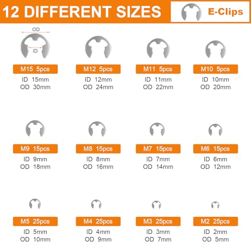 312Pcs Retaining Ring Kit with E-Clips (2.0-15mm) & C-Clips (M7-18) 304 SS | 24 Sizes Snap Rings And Circlips for DIY & Repair. E-Clips & External C-Clips. 304 Stainless Steel - size: 304 Stainless Steel-312PCS