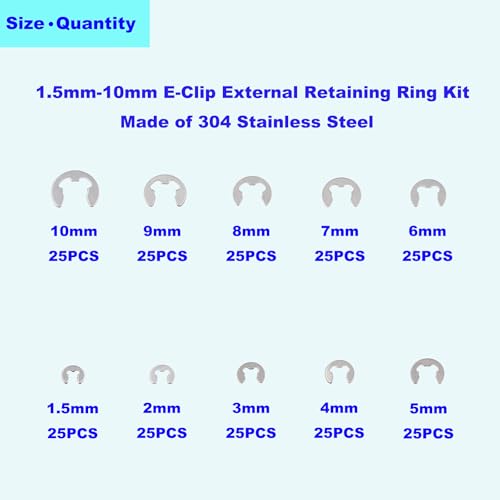 250PCS 10 Sizes Metric External E-Clip Retaining Ring Assortment Kit | 304 Stainless Steel E Circlip Snap Rings for 1.5mm-10mm Shafts with Storage Box