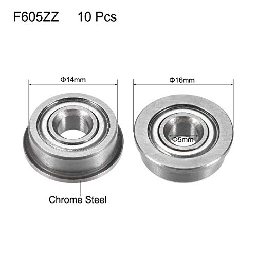 uxcell F605ZZ Flanged Ball Bearing 5x14x5mm Double Metal Shielded (GCr15) Chrome Steel Flange Rip Bearings 10pcs - size: 5x14x5mm