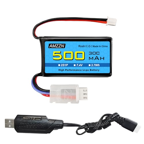 7.4V 500mAh 30C PH2.0 Plug Lipo Battery with USB for AX24 SCX24 RC Car, Compatible with Most 1/10, 1/16, 1/18, 1/24 Proportional Remote Control Trucks, RC Drones (1PCS Battery+1USB)