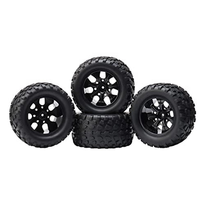 4-Pack 12mm Hex RC Wheels and Tires Set For 1/10 Scale Off Road Monster Truck, Rubber Tyre with Foam Inserts Locknuts Washers for HSP 94188 Volcano S30 etc | For Traxxas Rustler Stampede Slash, Arrma Senton Granite, RC Monster Truck - style: 7 Spokes-Blac
