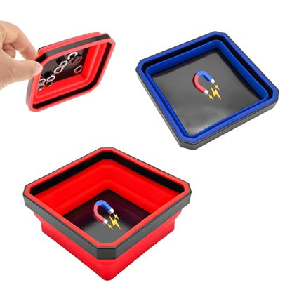 Yourkar, 2 PCS Collapsible Magnetic Parts Tray, 4.5 Inch Foldable Magnetic Square Silicone Tray, Tool Tray Set with Double-Sided Magnetic Base for Screw Bolts Nuts Pins, Car Accessories (Red+Blue) - color: Red+Blue, 2 PCS