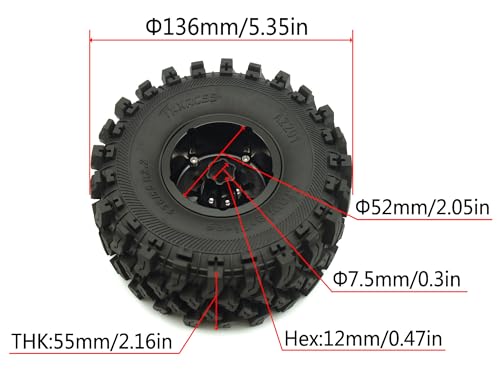 136mm 2.2 Aluminium Beadlock Wheels and Tires Set (4-Piece) for 1/10 RC Crawler (Black) - color: Black