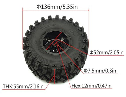 136mm 2.2 Aluminium Beadlock Wheels and Tires Set (4-Piece) for 1/10 RC Crawler (Black) - color: Black