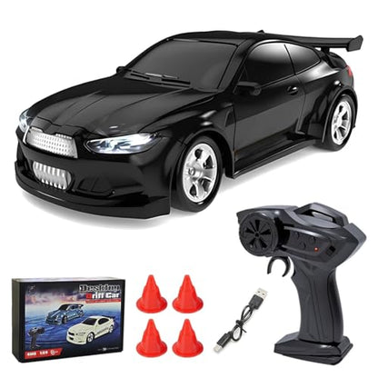 Mini Desktop RC Drift Car, 1:64 Scale 4WD High-Speed 2.4Ghz Remote Control Racing Sports Car with LED Lights for Adults Hobbyists - color: Black