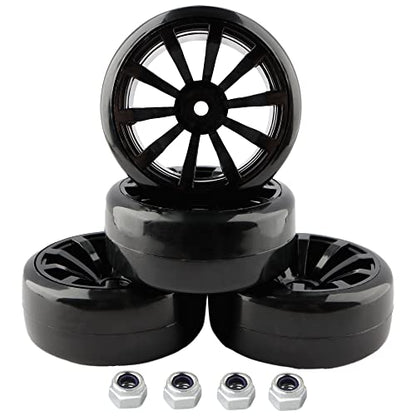 4PCS 12mm Hub Wheels,1:10 63mm Hard Plastic RC Drift Cars On Road Touring Racing Bald Tires for Traxxas HSP Tamiya HPI Kyosho On-Road Drifting Car Trucks(Black) - color: Black