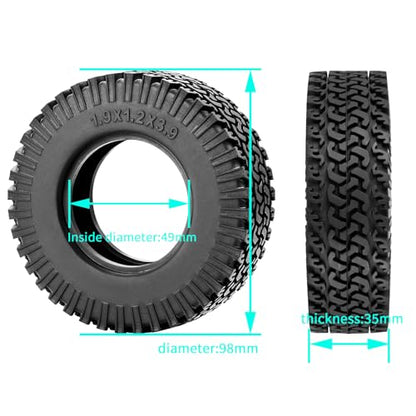 4PCS 1.9" Rubber RC Tires 98mm | For 1/10 Axial SCX10 90046 TRX4 D90, RC Crawler Car, Accessories
