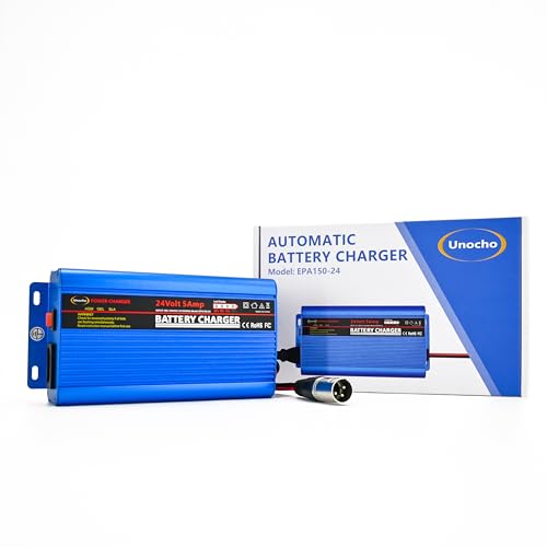 Unocho 24V 5A Battery Charger Maintainer 4-Stage Smart Lead-Acid Charger with 3-Pin XLR Connector Power Switch and LED Display for Wheelchairs Mobility Scooters AGM Gel SLA VRLA