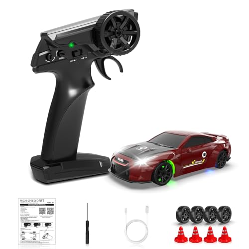 1/43 RC Drift Car, Mini Drifting RC Car with Gyro 2.4GHz Full Proportional Drift Cars 4WD RTR Remote Control Cars with Colorful Lights High Speed Fast Racing Vehicle Gift for Kids Boys Adults - color: Red+bk