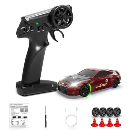 1/43 RC Drift Car, Mini Drifting RC Car with Gyro 2.4GHz Full Proportional Drift Cars 4WD RTR Remote Control Cars with Colorful Lights High Speed Fast Racing Vehicle Gift for Kids Boys Adults - color: Red+bk