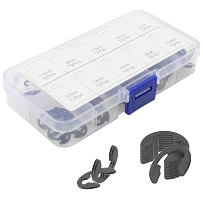 120Pcs Steel E-Clip Assortment Kit External Circlip Snap Rings E Clip (1.5mm-10mm) for Bearings Gears Pulleys Axles RC Shaft U Joint