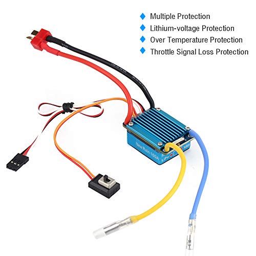 3S 160A Waterproof Brushed ESC with 5V 1A BEC T Plug, Electronic Speed Controller for 1/12 1/10 1/8 RC Car Auto Throttle Calibration Multiple Protections