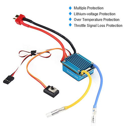 3S 160A Waterproof Brushed ESC with 5V 1A BEC T Plug, Electronic Speed Controller for 1/12 1/10 1/8 RC Car Auto Throttle Calibration Multiple Protections