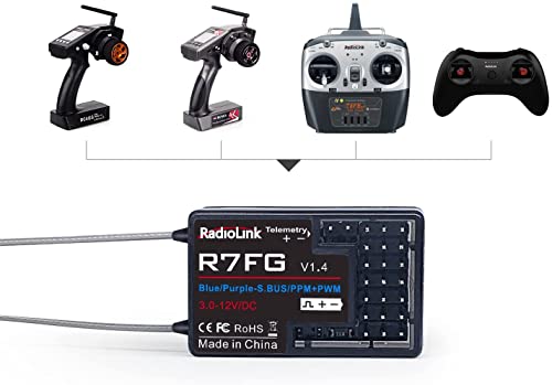 Radiolink 2.4Ghz R7FG 7 Channels Gyro Receiver with Voltage Telemetry Long Range Control, Water-Splash RX for RC Crawler Car Boat Radio Controller System RC4GS v2/RC6GS v2/RC4GS/RC6GS