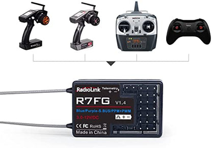 Radiolink 2.4Ghz R7FG 7 Channels Gyro Receiver with Voltage Telemetry Long Range Control, Water-Splash RX for RC Crawler Car Boat Radio Controller System RC4GS v2/RC6GS v2/RC4GS/RC6GS