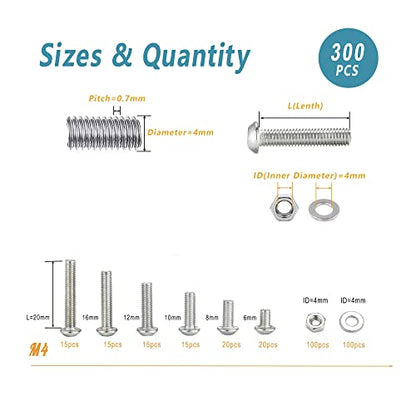 Kadrick 304 Stainless Steel Screws,300 Pcs M4 Screw Assortment Button Head Socket Cap,M4x6mm,8mm,10mm,12mm,16mm,20mm Metric Bolts Nuts Washers Kit with 1 Hex Allen Wrenche | 304 Stainless Steel,M4 Screws Nuts Washers Kit with 1 Hex Allen Wrench - size: M4
