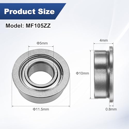 M METERXITY 20-Pack MF105ZZ Flanged Ball Bearing, 5 x 10 x 4mm Double Metal Shielded Chrome Steel (GCr15) Flange Rip Bearings for Wheelbarrow/Printer/Fax Machines/Power Tools - size: 5mm x 10mm x 4mm