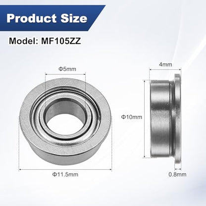 M METERXITY 20-Pack MF105ZZ Flanged Ball Bearing, 5 x 10 x 4mm Double Metal Shielded Chrome Steel (GCr15) Flange Rip Bearings for Wheelbarrow/Printer/Fax Machines/Power Tools - size: 5mm x 10mm x 4mm