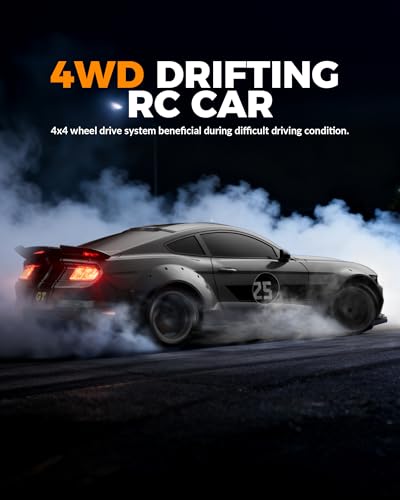 Mustang RC Car, 1:20 Remote Control Cars for Boys Kids | LED Lights, 2.4GHz, 4WD, Drifting Tires, 2 Batteries, Roadblock, Racing Sports Gift Idea - color: Gray