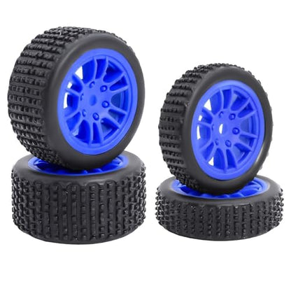 4PCS Pre-Mounted Pin Buggy RubberTires and Wheel Rims Set 7MM Hexagon for 1/24 Losi Micro-B RC Car Upgrades Parts (Blue) - color: Blue