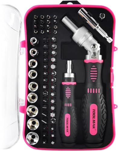 Ratcheting Screwdriver Set, 61pcs Socket & Precision Bit Set | Cr-V Steel, Rotatable Ratchet Handle & Storage Case, Ideal for Bikes, Electronics, Watches & Glasses - style: 61pcs Pink Ratchet Screwdriver