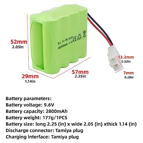 AA 9.6V 2800mAh Ni-MH High Capacity Battery with Tamiya Plug and USB Charging Cable for Toy Tank Engineering, Flat Semi-Trailer Truck, RC Car Spare Battery Pack