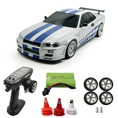 YUCT LDRC LD1899 1/18 RWD Nissan Skyline GTR R34 RC Drift Car with Gyro | 2.4GHz RWD with Gyroscope Alloy Body Extra Metal Drift Tires & Mini Roadblock, Silver - color: Ld1899-silver