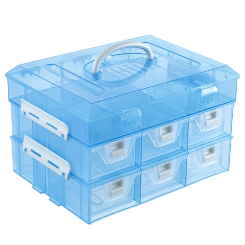 MyGift 11 Inch Sky Blue Transparent Arts and Crafts Sewing Supplies Storage Organizer Case with White Accents, 24 Customizable Compartments, 6 Drawers Removable Dividers - color: Aqua Blue