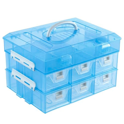 MyGift 11 Inch Sky Blue Transparent Arts and Crafts Sewing Supplies Storage Organizer Case with White Accents, 24 Customizable Compartments, 6 Drawers Removable Dividers - color: Aqua Blue