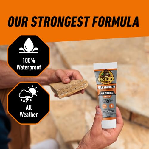 Gorilla Max Strength Construction Adhesive, Clear, 7 oz Tube, 1-Pack | Waterproof Gap-Filling Formula, Bonds Wood, Metal, Tile, Stone, Glass, Mirror, Indoor & Outdoor Use, Paintable & Sandable - size: 7oz, style: 1 Pack