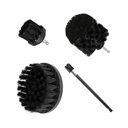 4PCS Drill Brush Attachment Kit with Extension Rod, Black | PP bristles with steel shafts, three brush sizes, quick-change extension rod, follows curved surfaces, compact storage - color: Black