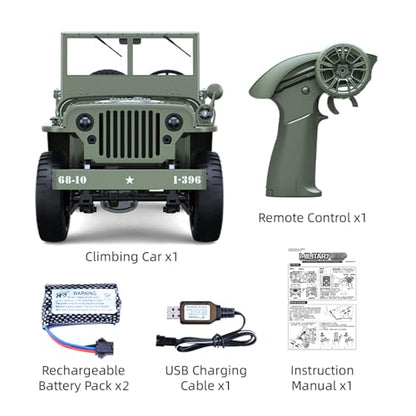 RC Military Truck RC Crawler, 1:10 Scale Remote Control Car, 2.4GHz 4WD Off Road RC Rock Crawler, All Terrain Army Climbing Vehicle with LED Lights and 2 Batteries for Adults