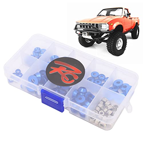 RC Screw Washer Kit Aluminum Alloy CNC Machined Flat Round Cup Head Washers and Nuts for 1/10 1/8 RC Cars, Anodized Lightweight Hardware Set with 125 PCS in Plastic Box (Blue) - color: Blue