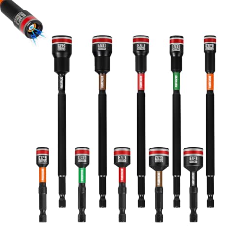 Impact Nut Driver Set, 10 Pieces 2.56”6”Long 1/4”5/16”3/8”7/16” 1/2”6 Point Alloy Steel Magnetic SAE Nut Setter Set Use For Require Installing 1/4 Hex Shank Impact Driver with Case Box - size: 2.56"/6", style: MIXS-10pcs