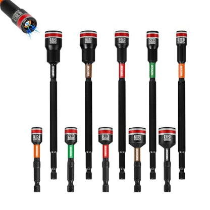 Impact Nut Driver Set, 10 Pieces 2.56”6”Long 1/4”5/16”3/8”7/16” 1/2”6 Point Alloy Steel Magnetic SAE Nut Setter Set Use For Require Installing 1/4 Hex Shank Impact Driver with Case Box - size: 2.56"/6", style: MIXS-10pcs