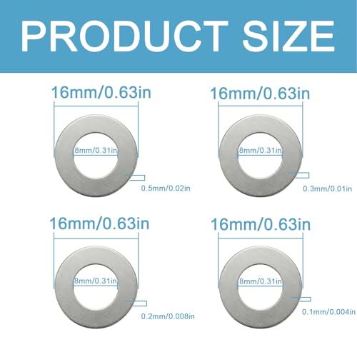 48 Pcs M8x16mm 304 Stainless Steel Shim Washers, Precision Thin Spacers | 0.1, 0.2, 0.3 and 0.5mm, 12 pcs each, flat spacer washers for M8 bolts, electronics assembly and mechanical repair - size: M8X16