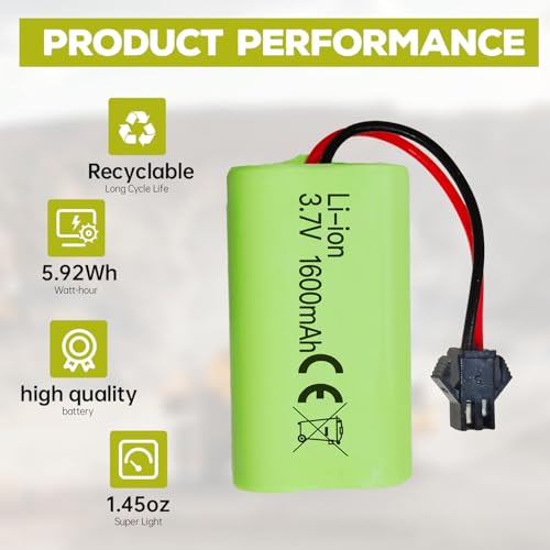 sea jump 2PCS 3.7V 1600mAh Li-ion Battery SM-2P Plug with USB Charging Cable for 9962 8837 Remote Control Toy Car, Engineering Vehicle, and Truck Backup Battery