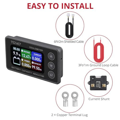 BINTA 0-50A Small Battery Monitor Shunt Voltmeter Ammeter Lifepo4 Lithium | Backlight Waterproof Battery Monitor with Shunt for Auto Car Motorhome Golf Cart Portable Power Systems