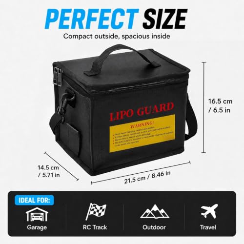 LiPo Safe Bag Fireproof Explosionproof Battery Storage & Charge Safe Pouch | Fire Resistant Large Capacity Battery Guard Bag with Side Charging Port, Double Zipper, Reinforced Handle & Shoulder Strap - color: Black